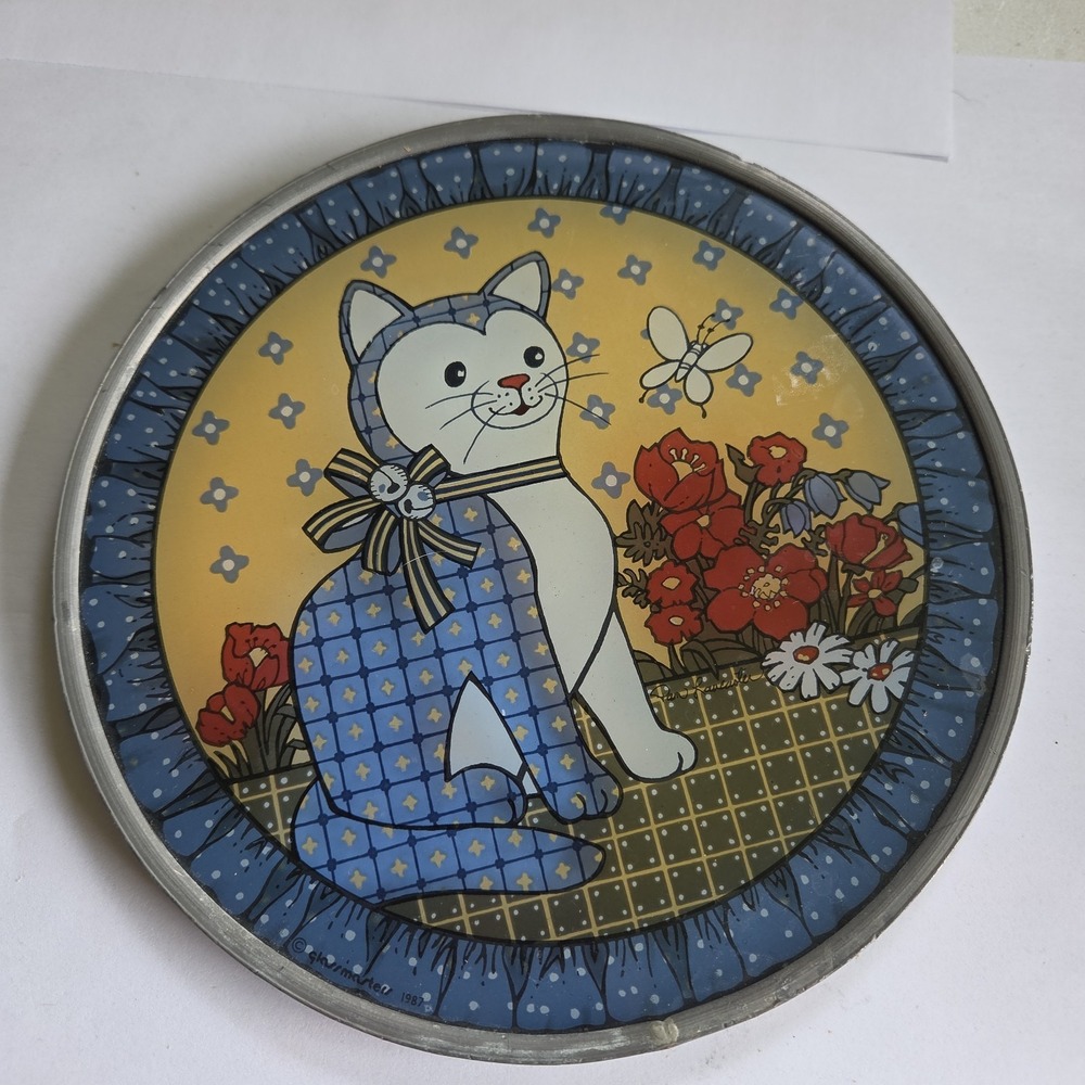 Vtg Stained Glass Sun Catcher Cat Butterfly Flowers 1987 Glassmasters Signed